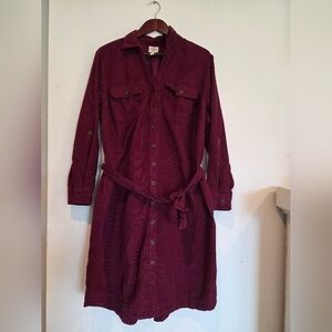 St. Johns Bay Corduroy Curvy Dress Midi  Sz 0X /14-16W Roll Tab Sleeve Burgundy